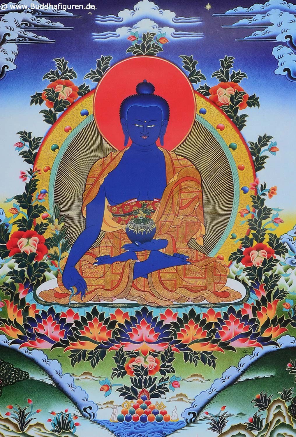 Thangka Padmasambhava Guru Rinpoche Kunstdruck mit Brokatrahmen 63 x 105 cm