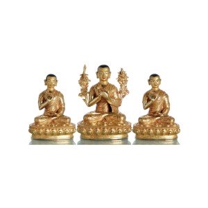 Gguru Tsongkhapa Set of 3 fully fire-gilded 29 cm