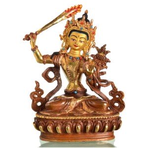 Manjushri 17 cm partly fire gold-plated Buddha Statue